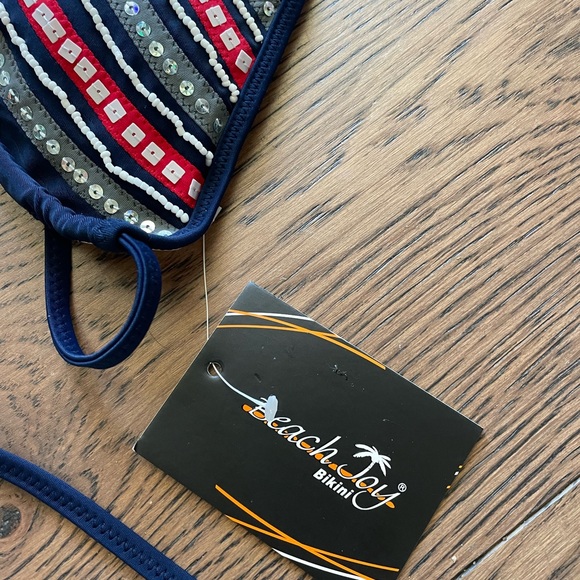 NWT BEACH JOY 2 Pc Navy, Red & White Beaded & Sequin String Bikini Set Sz Small - Picture 5 of 9